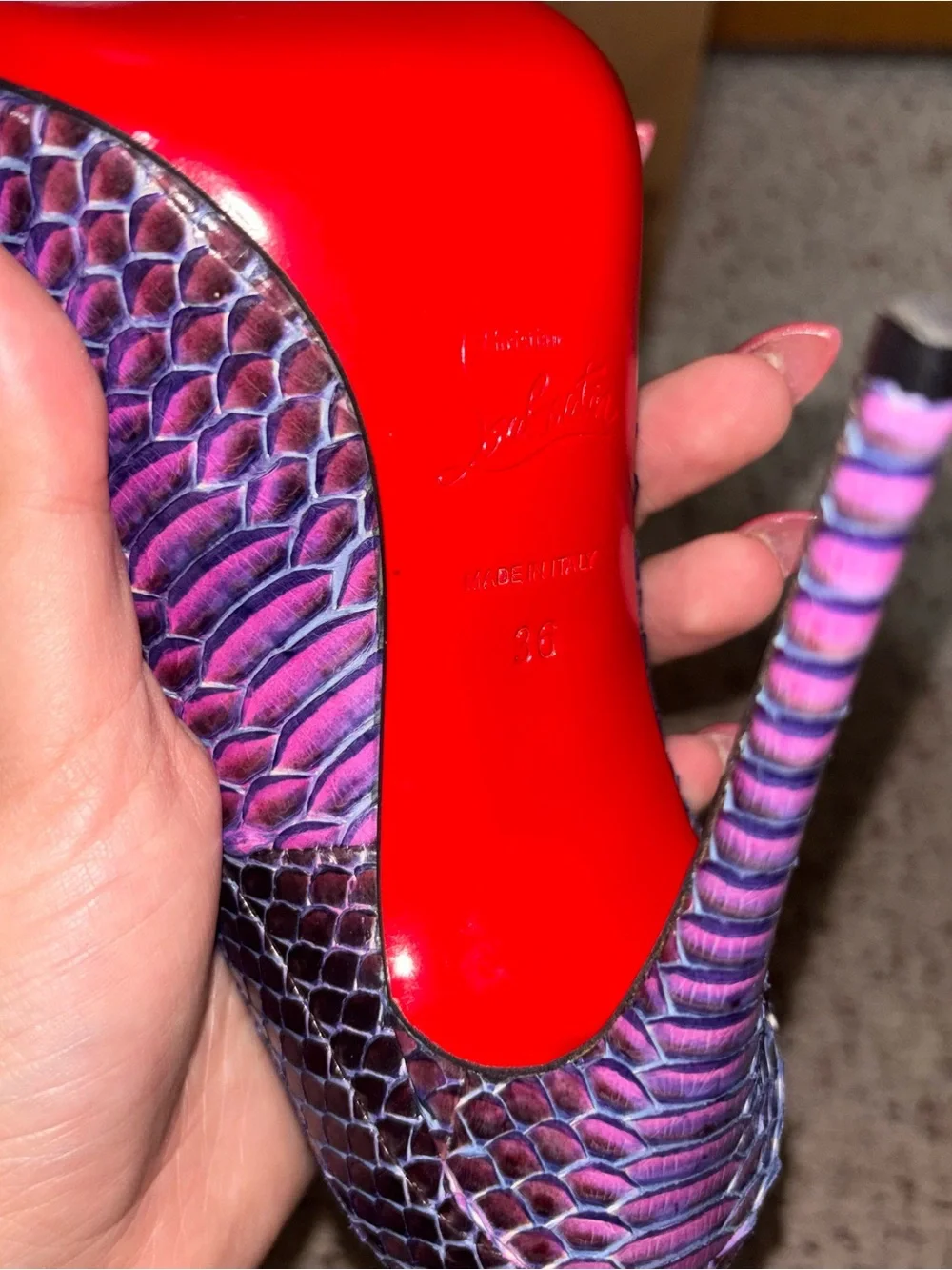 Christian Louboutin Purple Snakeskin Pointed-Toe Pumps with Red Soles